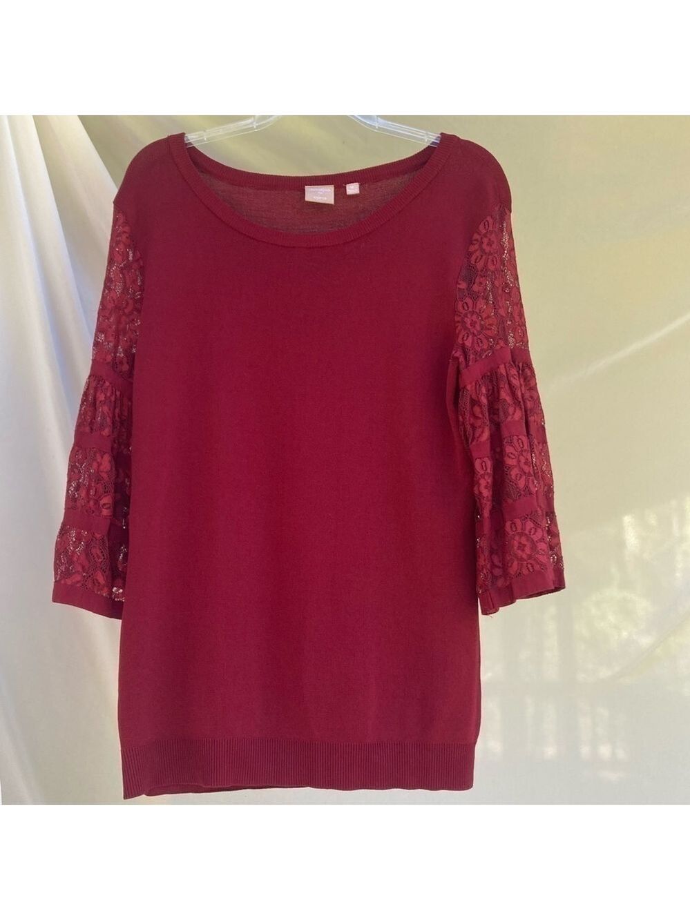 Devotion By Cyrus Red Knit Shirt With Lace Sleeves, Size Medium